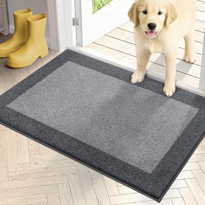 PURRUGS Dirt Trapping Door Mat 20" x 32", Non-Slip Machine Washable Entry Rug, Entrance Mat, Indoor Front Door Mat, Super Absorbent Entryway Rug for Muddy Shoes & Paws, Light Grey & Grey