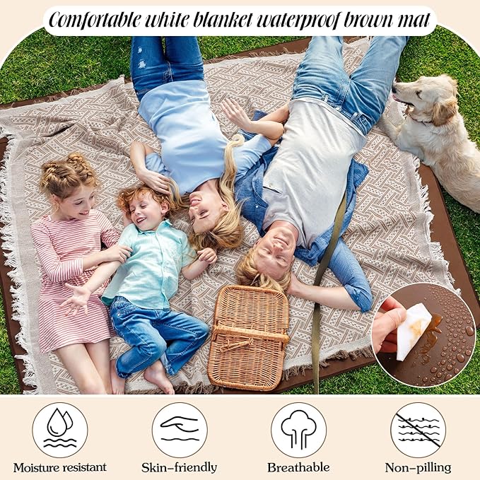 VitalCozy Waterproof Picnic Blankets Outdoor Blanket Foldable 2 in 1 Double Layer Sandproof Beach Mat with Carry Strap for Camping Lawn Park Beach Grass(Khaki)