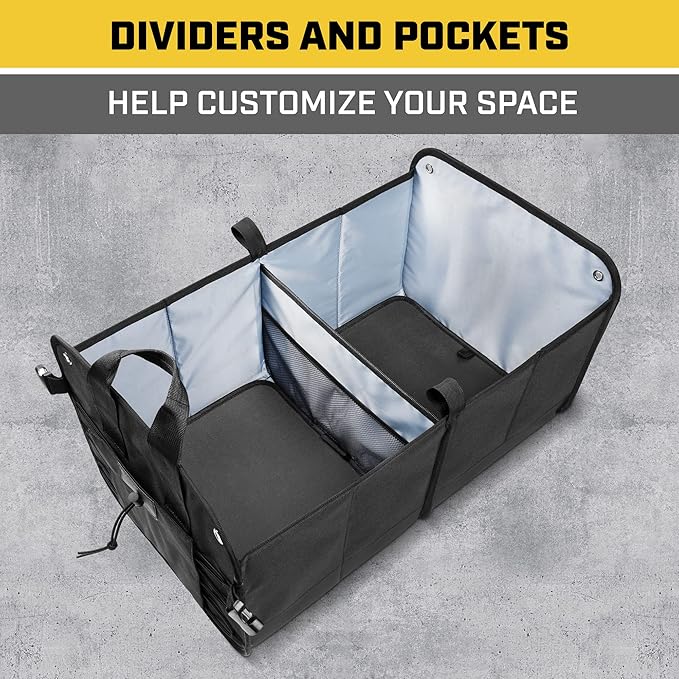CAT FlexTrunk Car Trunk Organizer - Collapsible Dual-Compartment Storage - Black - 23"L x 14.5"W x 13"H