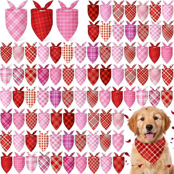 Abbylike 100 Pcs Valentines Day Plaid Dog Bandanas Bulk Pink Red Bandanas for Dogs Triangle Kerchief Bibs Scarf for Pet Costume Photo Props Accessories Pet Shops Groomer, 25 Styles(25.6 x 17.7 x 17.7)