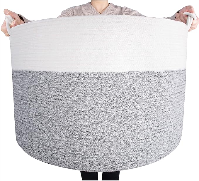 MINTWOOD Design Extra Large 22 x 16in Decorative Woven Cotton Rope Blanket Storage Basket Bin Living Room with Handles and Laundry Hamper for Pillows, Pool Towels, Dog Toys, Shoes, Light Grey