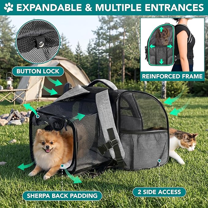 PetAmi Expandable Dog Backpack Carrier for Cats & Pets, Breathable Cat Carrier Backpack with Top Window & Multi-Entry, Ventilated Foldable Travel Carrier for Small Medium Pets up to 18 lbs, Light Gray