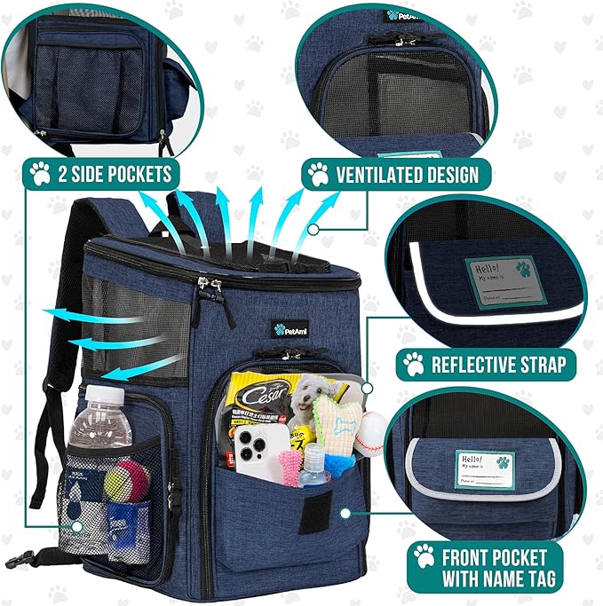 PetAmi Dog Backpack Carrier, Airline Approved 4-Way Entry Cat Backpack Carrier, Ventilated Mesh, Collapsible Pet Carrier for Small Puppy, Kitten, Hiking, Travel Car, Vet, up to 18 lbs, Navy Blue