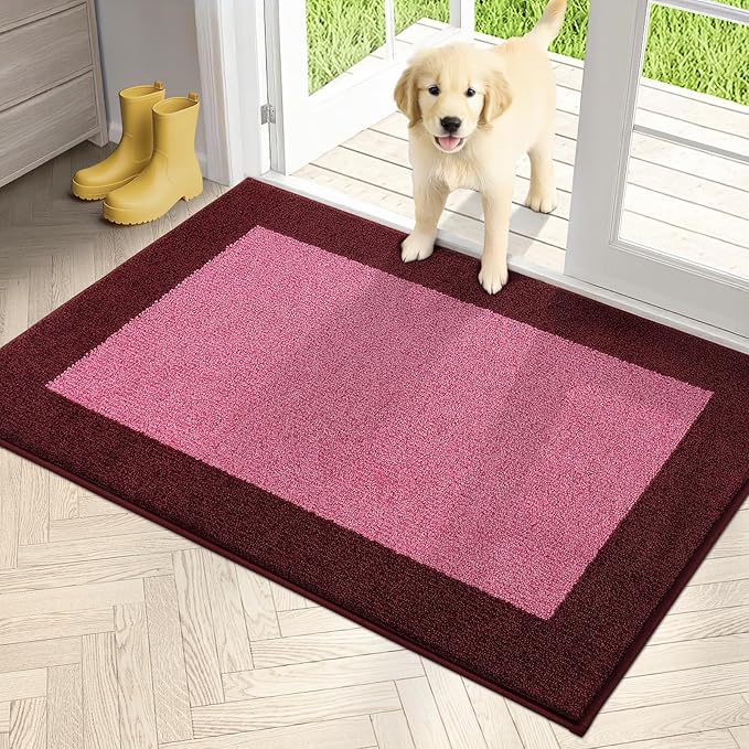 PURRUGS Dirt Trapping Door Mat 32" x 48", Non-Slip Machine Washable Entry Rug, Entrance Mat, Indoor Front Door Mat, Super Absorbent Entryway Rug for Muddy Shoes & Paws, Pink & Burgundy Red