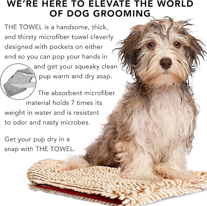 PRIDE AND GROOM The Towel – Thick, Soft, Super Absorbent Microfiber Towel for Dogs & Pets That is Quick Drying, Holds 7 Times its Weight in Water and Has Dual Pockets for Your Hands