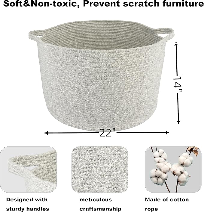 XUANGUO Extra Large Cotton Rope Basket – 22"x14" Woven Storage Baskets for Blankets, Toys, Laundry, and Nursery – Round Basket for Living Room, Kids, and Pets Grey