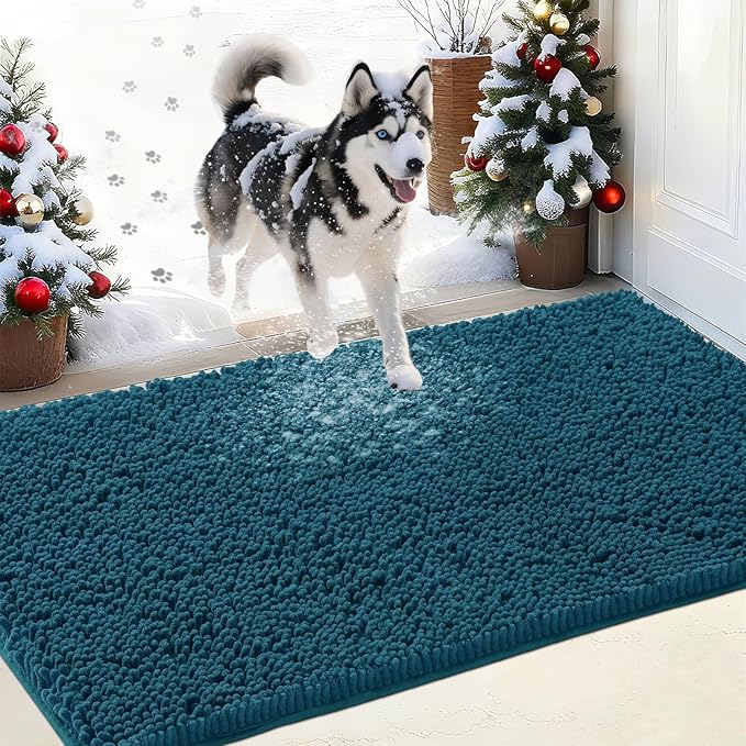 IM HOME Chenille Absorbent Outdoor Doormat 36" x 24", Washable Muddy Door Mats for Dog Non Slip Indoor Doormat Dog Mat for Muddy Paw Front Inside Doormats for Entryway Teal Blue