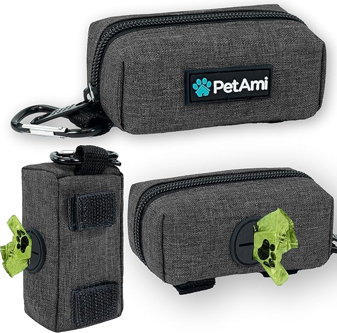PetAmi Dog Poop Bag Holder for Leash, Dog Treat Pouch Leash, Pet Waste Bag Dispenser with Clip, Doggy Puppy Walking Accessories Supplies with 1 Dog Bag Roll (Charcoal Gray, 1 Pack)