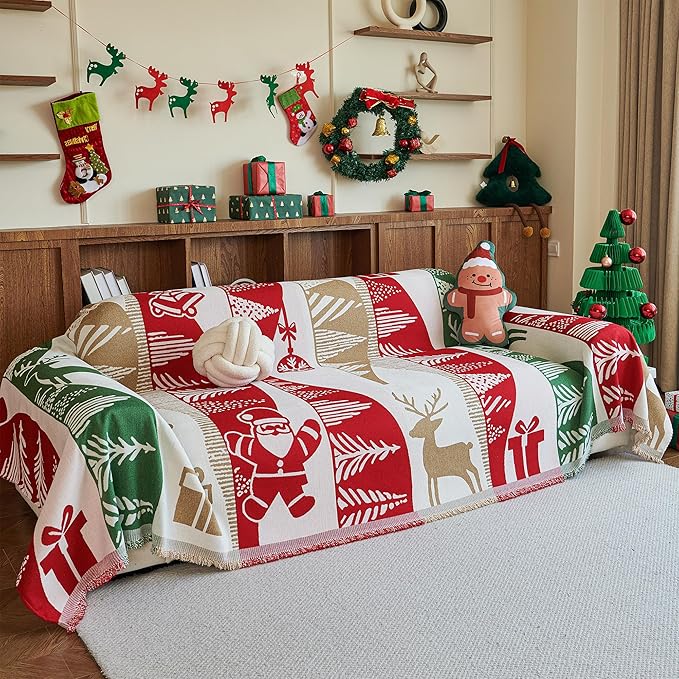 MYSKY HOME 71"X118" Loveseat Christmas Couch Cover, Sectional Sofa Covers Sofa Slipcover for 2 Cushion Couch, L Shape Couch Covers for Dog, Kid, Washable Sofa Blanket, Furniture Protector, Red Gift