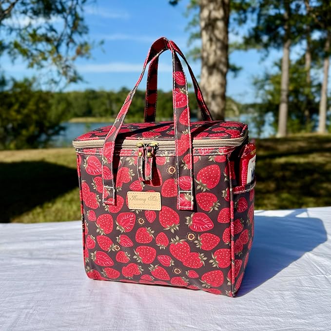 Kwang Min Floral Insulated Lunch Bag for Women,Reusable Lunch Box,Large Cooler for Office,Picnic Outdoors,Premium Quality Waterproof Fabric,Ideal Gift for Outdoors and Work (Chocolate Strawberry)