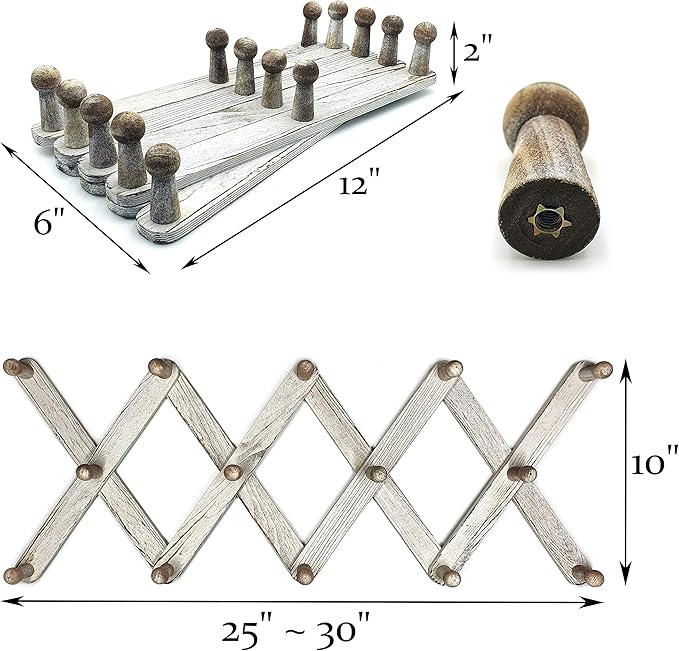 Mercurial Trade Expandable Wooden Coat Rack Hanger – Accordion Wall Mounted Pine Wood Hooks – Hand Made Vintage Expending Pegs – Hang Coat, Jacket, Hat, Leash, Towel, Mug, Bag – Distressed White