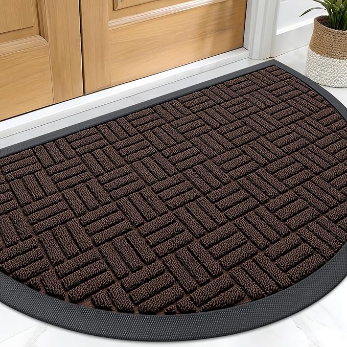 OLANLY Half Circle Door Mat Outside Entrance 29.5x17, Absorbent, Heavy Duty Sturdy Natural Rubber Doormat Indoor Outdoor, Fade Resistant, Non-Slip Backing Low Profile Floor Mat for Entryway, Brown