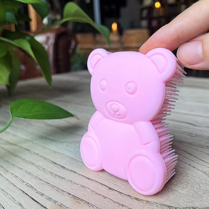 Premium Sensory Brush for Kids or Autism,Soft Silicone Body Scrubber,2 in 1 Sensory Room Occupational Therapy Sensory Brushes,Silicone Loofah,Pet Shower Brush Bath Brush Shampoo Brush(Bear-Pink)