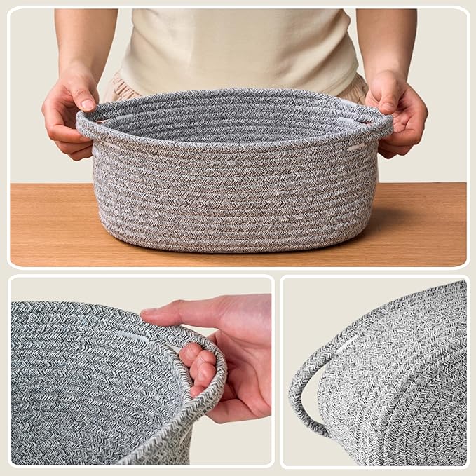 Small Woven Gift Basket Empty with Bag & Ribbon - Gifts for Mom, Baby Shower, Birthdays & Raffle - Cotton Rope Storage Basket for Dog Toys or Shelf - 12"x8"x5", Gray