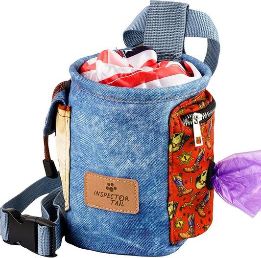 INSPECTOR TAIL Dog Treat Pouch w Drawstring to Prevent Spills | 2 Cup Tote | Hands Free w 4 Ways to Wear Puppy Bag w Pockets for Snacks Poop Bags Keys & Cards | Pet Training Walking & Rewarding Holder