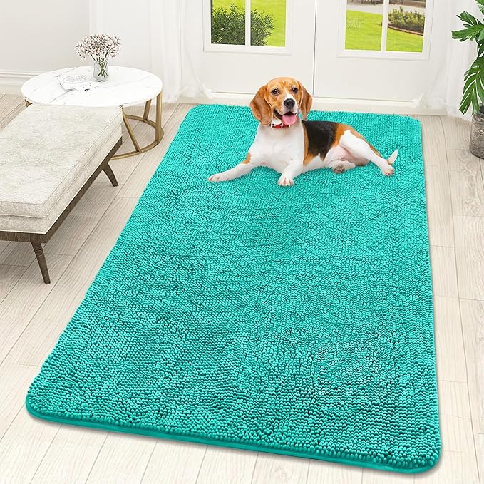 OLANLY Dog Door Mat for Muddy Paws 59x32, Absorbs Moisture and Dirt, Absorbent Non-Slip Washable Doormat, Quick Dry Chenille Mud Mat for Dogs, Entry Indoor Entryway Carpet for Inside Floor, Teal