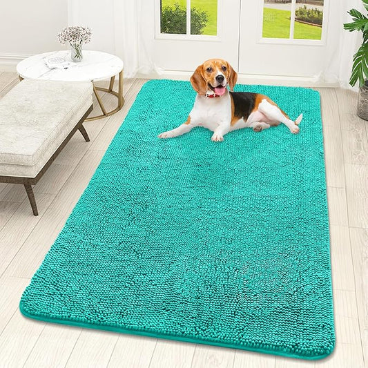 OLANLY Dog Door Mat for Muddy Paws 59x32, Absorbs Moisture and Dirt, Absorbent Non-Slip Washable Doormat, Quick Dry Chenille Mud Mat for Dogs, Entry Indoor Entryway Carpet for Inside Floor, Teal