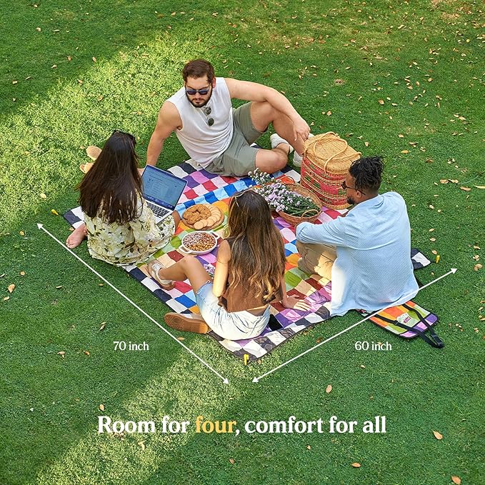 Cozy Club Waterproof Picnic Blanket Foldable Outdoor Mat with Pocket, Stakes & Shoulder Strap | Sandproof, Durable & Portable for Beach, Camping, Sporting Events & Travel | US Brand