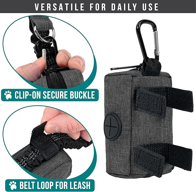 PetAmi Dog Poop Bag Holder for Leash, Dog Treat Pouch Leash, Pet Waste Bag Dispenser with Clip, Doggy Puppy Walking Accessories Supplies with 1 Dog Bag Roll (Black/Gray, 2 Pack)