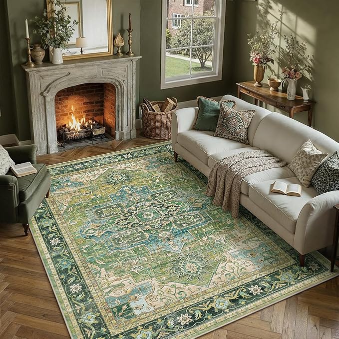 9x12 Washable Vintage Area Rug Green Oriental Living Room Bedroom Throw Rug Neutral Non Slip Soft Low Pile Carpet for Dining Room Office Nursery Indoor