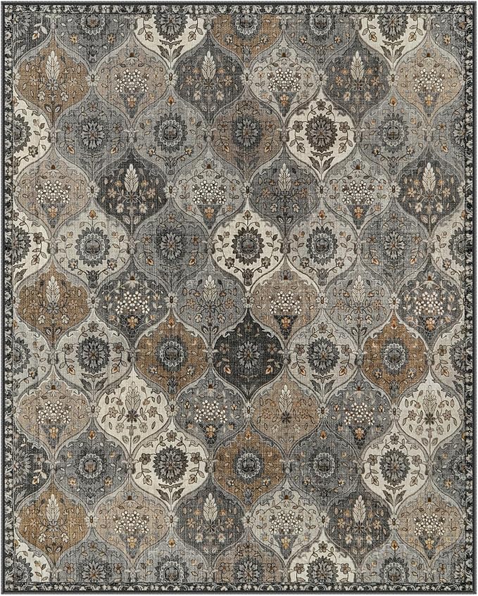Lahome Moroccan Washable Area Rugs 8x10, Soft Vintage Oriental Rug for Living Room Bedroom Dining Room, Non Slip Low Pile Stain Resistant Rug for Kids Pets High Traffic Areas, Burnt Grey