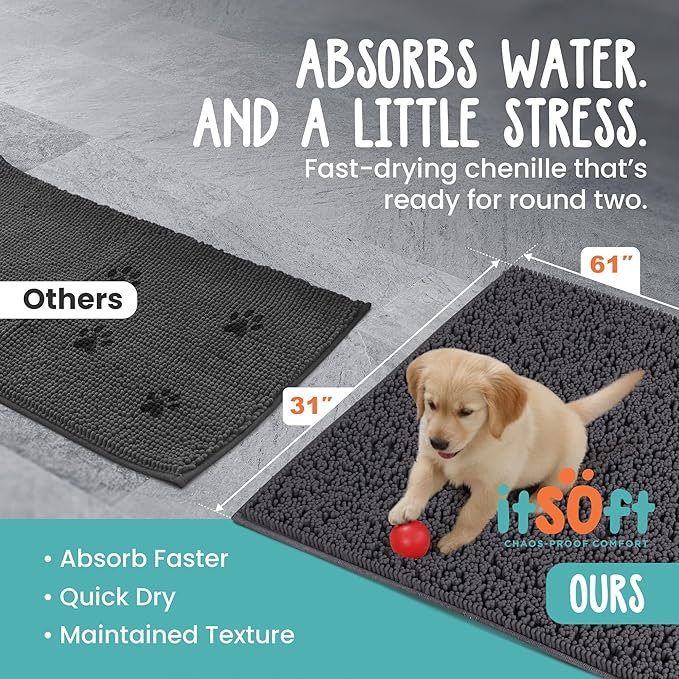 Dog Rugs for Muddy Paws 61x31 | Cleaner, Mud Free Floors | Dog Door Mat for Muddy Paws Muddy Rug for Dogs Absorbent Chenille Machine Washable w Non Slip Backing Outdoor Pets & Paw Matt, Charcoal Grey