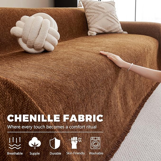 Chenille Couch Cover for 3 Cushion Sofa Pet Friendly Furniture Covers, Boho Sofa Covers Washable L Shape 3 Seater Couch Cover, 71"x 150", Brown
