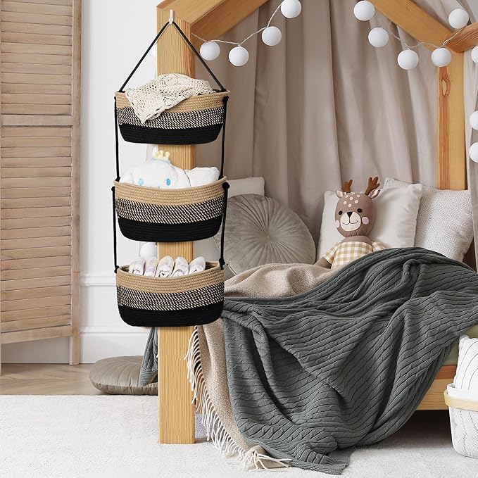 Over The Door Organizer Hanging Basket for Nursery Decor Stuffed Animal Storage Baskets Boho Wall Decor Basket for Bathroom Bedroom Playroom - Black&Beige
