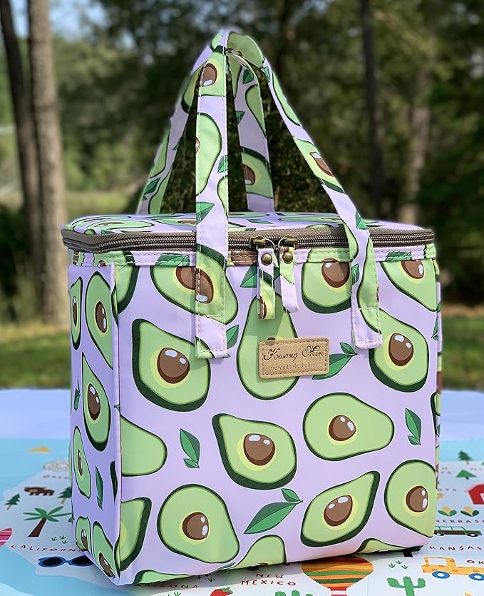 Kwang Min Avocado Insulated Lunch Bag for Women,Reusable Lunch Box,Large Cooler for Office,Picnic Outdoors,Premium Durable Fabric,Light,Ideal Summer Bag (Avocado Pink)