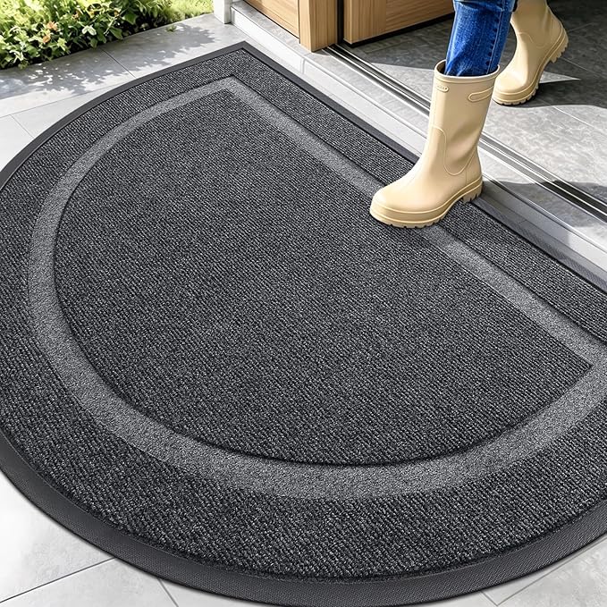 OLANLY Half Circle Door Mat Indoor Outdoor Entrance Welcome, Waterproof All-Season, All-Weather Doormat, Sturdy Natural Rubber, Low Profile, Easy Clean Patio Porch Entryway Mat, 47x32, Grey