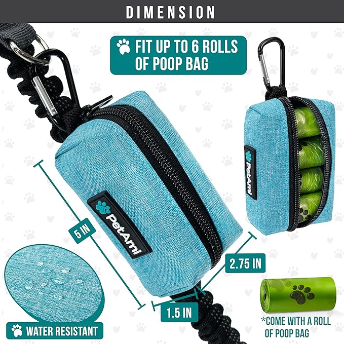 PetAmi Dog Poop Bag Holder for Leash, Dog Treat Pouch Leash, Pet Waste Bag Dispenser with Clip, Doggy Puppy Walking Accessories Supplies with 1 Dog Bag Roll (Blue, 1 Pack)
