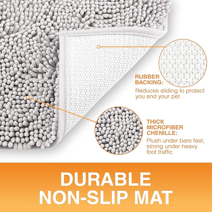 Neater Pets Chenille Dog Door Mat 36” x 24” – Super Absorbent & Quick-Dry Muddy Paws Doormat for Trapping Dirt, Water, Mud - Non-Slip & Machine Washable Pet Rugs for Entryway, Indoor Mud Mats, Gray
