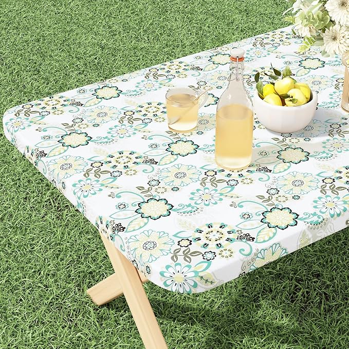 misaya Rectangle Vinyl Tablecloth, Fitted Table Cover, 100% Waterproof, Elastic Edge, Flannel Backing, Table Cloth Fit 8 Foot Folding Tables for Picnic, Camping, Outdoor (Paisley Flower, 30x96 inch)