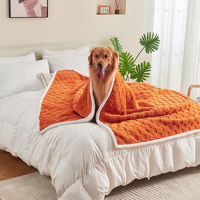 Yaning Checkered Waterproof Blanket for Bed Couch Sofa Car, Fluffy Soft Dog Blanket with 3D Jacquard Grid Pattern, Reversible Leakproof Pet Blankets for Dogs Cats Puppies, Burnt Orange, 60"x80"