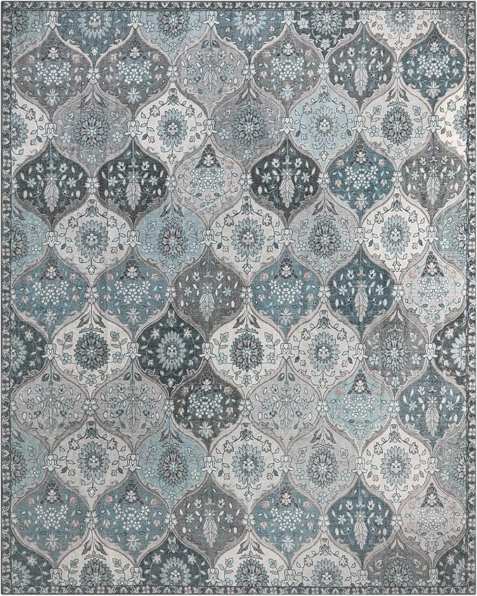 Lahome Moroccan Trellis Washable Rugs 9x12, Soft 9x12 Area Rug for Living Room Bedroom, Ultra-Thin Non-Slip Non Shedding Distressed Throw Large Carpet for Dining Room Office Elise, Blue