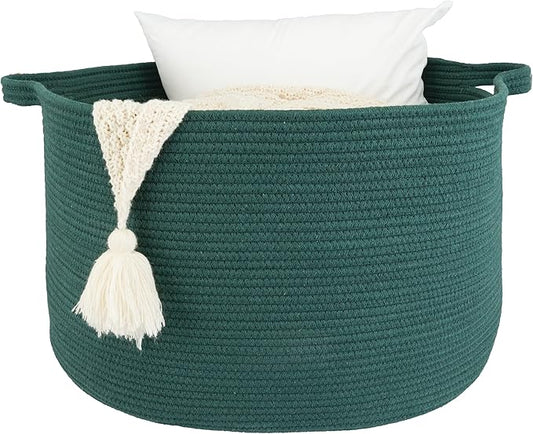 XUANGUO Extra Large Cotton Rope Basket – 22"x14" Woven Storage Basket for Blankets, Toys, Laundry, and Nursery – Round Baskets for Living Room and Kids Dark Green