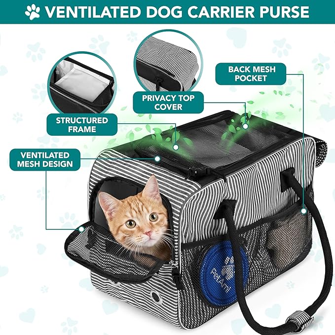 PetAmi Dog Purse Carrier for Small Dogs, Airline Approved Soft Sided Pet Carrier with Pockets, Ventilated Dog Carrying Bag for Puppy Cat, Dog Travel Supplies Bag, Sherpa Bed, Max 12 lbs, Stripe Black