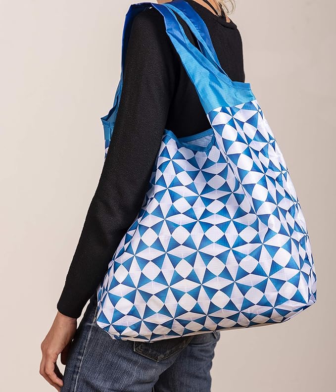 O-WITZ Reusable Grocery Bags | Vibrant Tote Bag For Groceries, Gym, Office, Beach, Toys & More | Washable Design With Large Handles For Maximum Convenience | Folds Into A Small Pouch, 3 pack, Blue