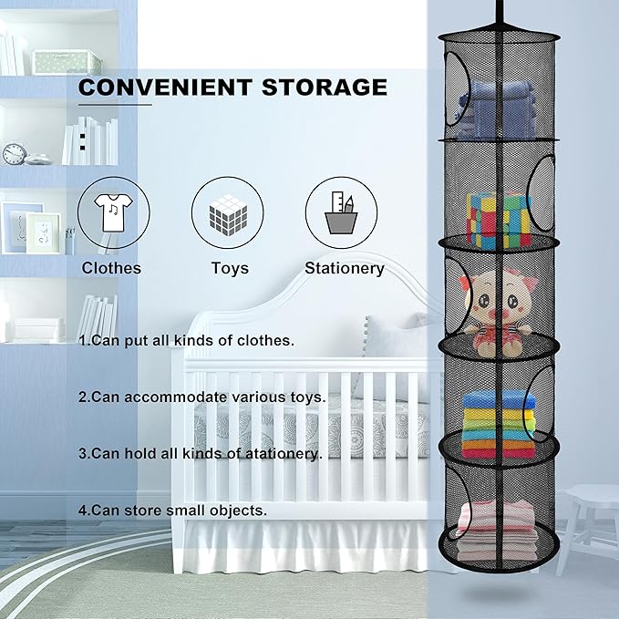 2Pcs Stuffed Animal Storage Foldable Stuffed Animal Net or Hammock Organizer, 5 Compartments Hanging Mesh Toy Storage Hammock for Kid Room Toys, Gloves, Hats, Socks, Black