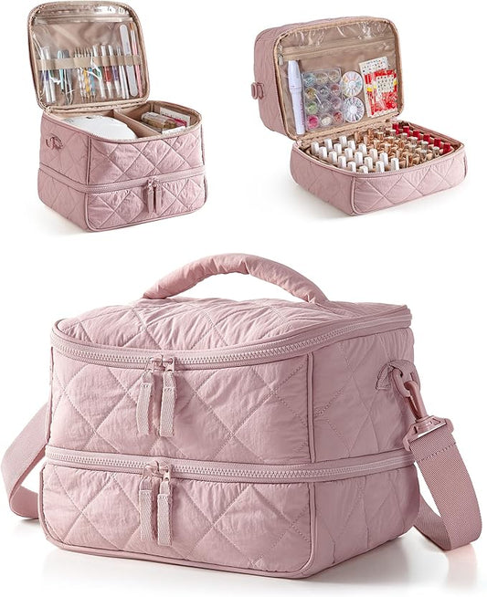 Quilted Nail Polish Organizer Bag Holds 42 Bottles and Nail Lamp, Nail Polish Storage Case with Crossbody Straps and Multiple Pockets, Pink