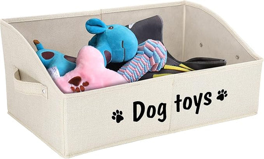 PET ARTIST Sturdy Collapsible Dog Organization and Storage Basket Accessible,Cute Dog Toy Storage with Handles,Dog Toy Box Bin Large for Chew Toys,Clothes,Squeak Toys,Beige