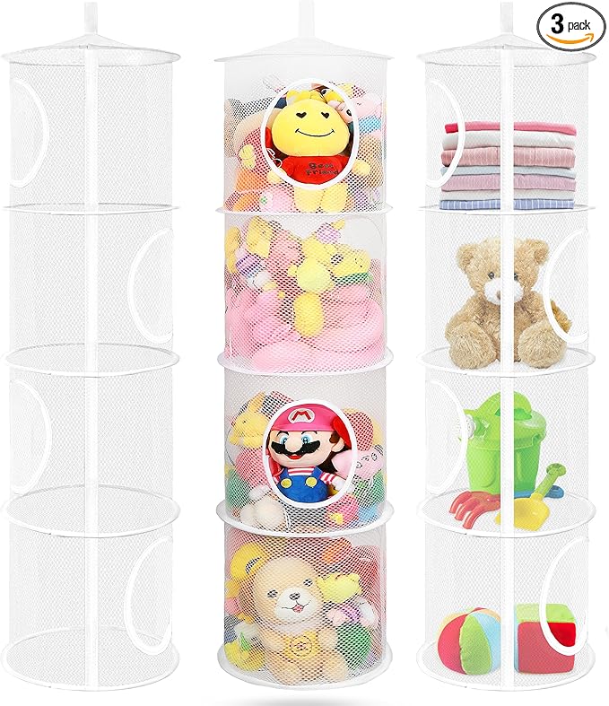 3Pcs Stuffed Animal Storage Foldable Stuffed Animal Net or Hammock Organizer, 4 Compartments Hanging Toy Storage Organizer, Toy Organizer for Kid Room Toys, Gloves, Hats, Socks(White)