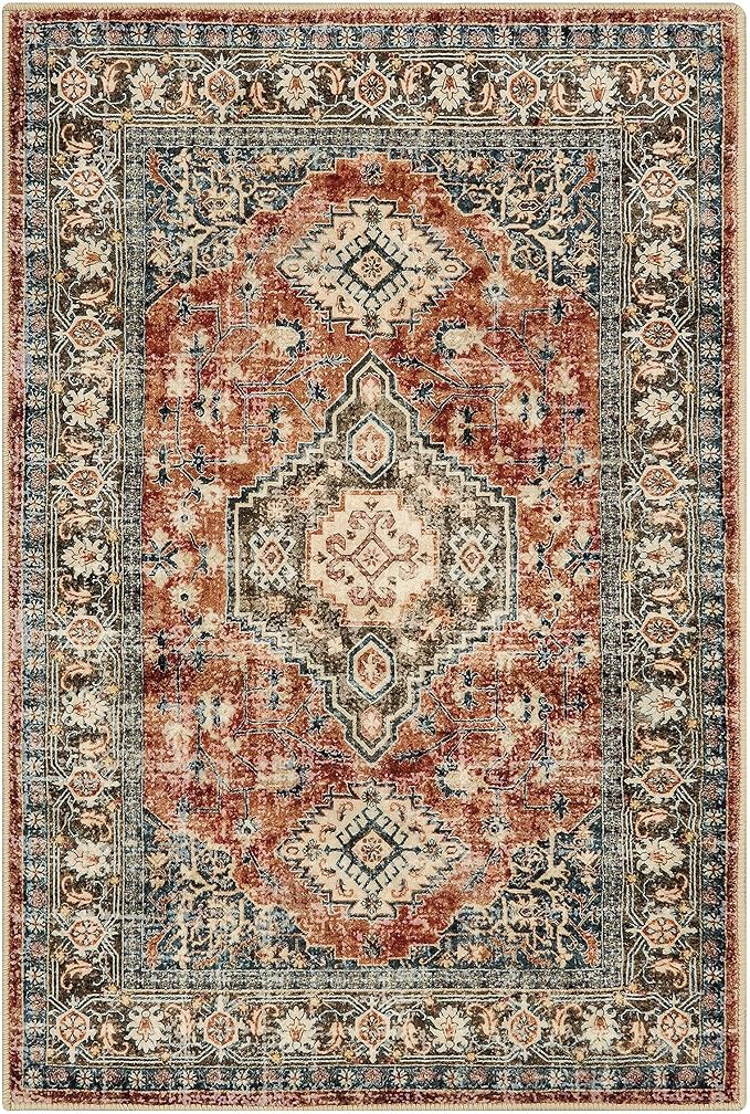 Lahome Oriental Washable Small Area Rug, 2x3 Rugs for Entryway Kitchen, Ultra-Thin Soft Indoor Door Mat Non Slip Throw Carpet for Bedroom Bathroom Eleanor, Brick Red