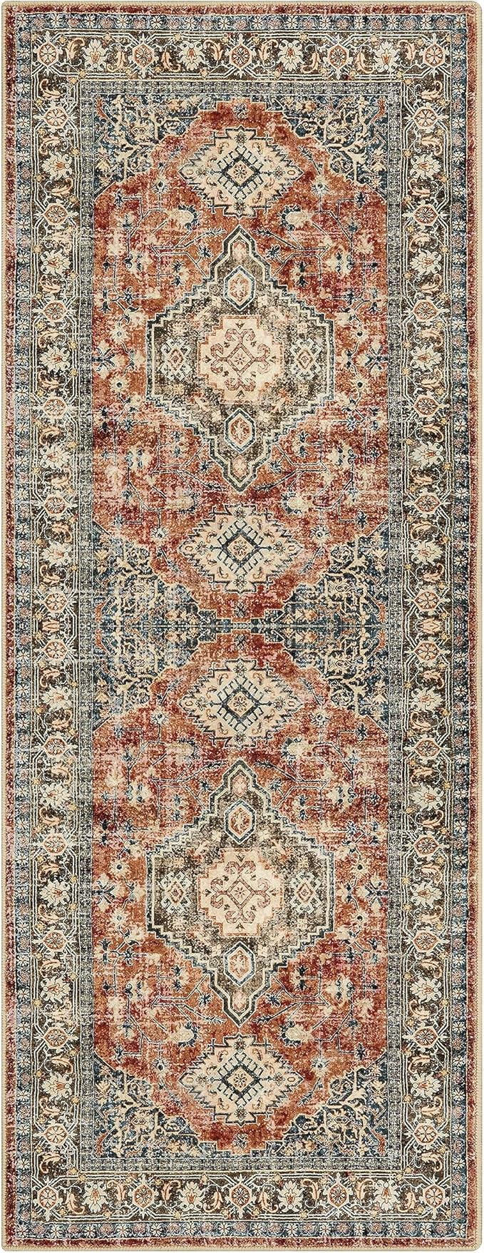Lahome Oriental Washable Kitchen Runner Rug, 2x6 Carpet Runners for Hallway 6ft Non Skid, Vintage Soft Hallway Rug for Bathroom Bedroom Entryway Eleanor, Brick Red