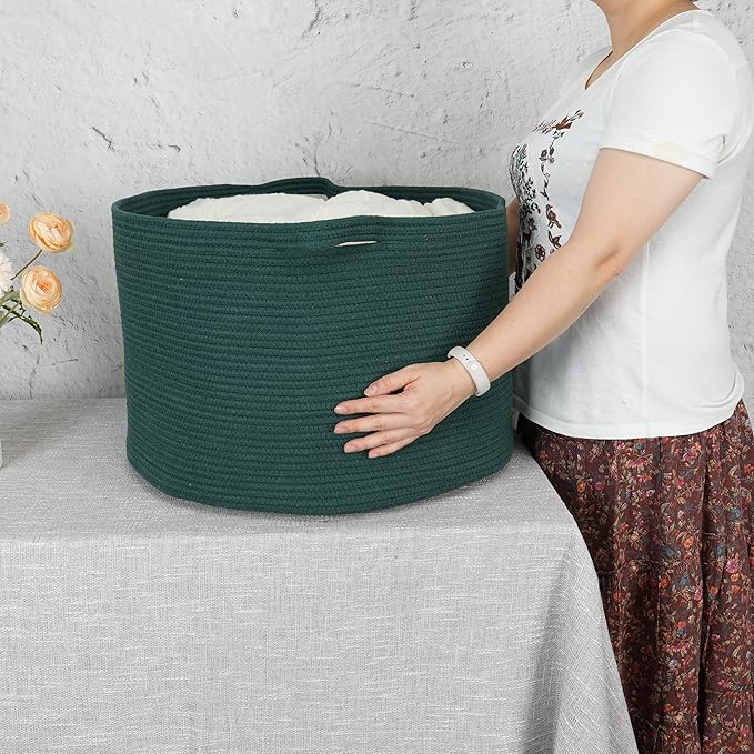 XUANGUO Extra Large Cotton Rope Basket – 22"x14" Woven Storage Basket for Blankets, Toys, Laundry, and Nursery – Round Baskets for Living Room and Kids Dark Green