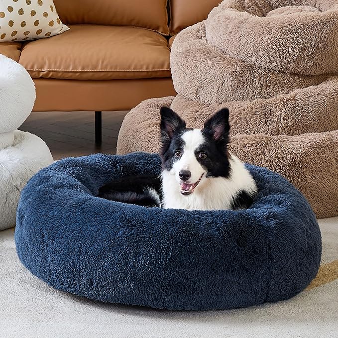 Bedsure Calming Dog Bed for Large Dogs - Donut Washable Large Pet Bed, 36 inches Anti Anxiety Round Fluffy Plush Faux Fur Dog Bed, Fits up to 80 lbs Pets, Navy