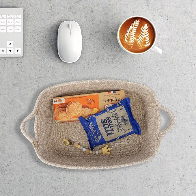 XUANGUO Woven Cotton Rope Storage Basket with Handles for Organizing Shelves Closet Small Cat Dog Pet Toy Baskets Box Bin Decorative Rectangle Baby Nursery Basket Gift Basket Empty oatmeal