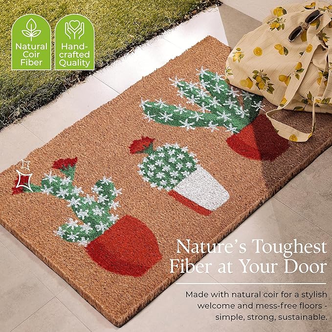 COCONIQ Coir Door Mats 17" X 30", Non-Slip Sturdy, PVC Backed Heavy Duty, Easy to Clean, Ideal for Door Entrance, Patio, Porch, Backyard, Garages, Sparkling Cactus