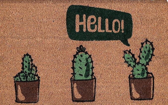 COCONIQ Coir Door Mats 17" X 30", Non-Slip Sturdy, PVC Backed Heavy Duty, Easy to Clean, Ideal for Door Entrance, Patio, Porch, Backyard, Garages, Hello Cactus