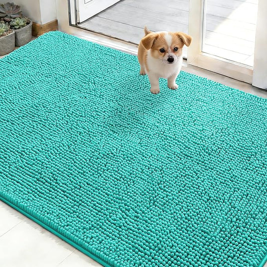 OLANLY Dog Door Mat for Muddy Paws 50x30, Absorbs Moisture and Dirt, Absorbent Non-Slip Washable Doormat, Quick Dry Chenille Mud Mat for Dogs, Entry Indoor Entryway Carpet for Inside Floor, Teal